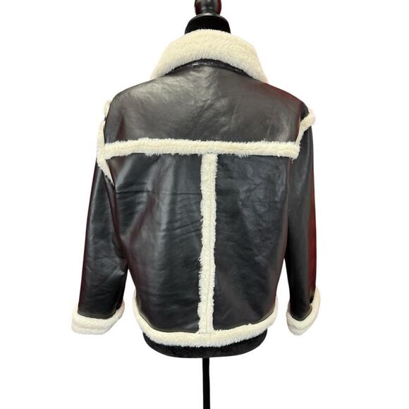 French Connection Faux Shearling Aviator Jacket Black White XL US 12 - Picture 5 of 10